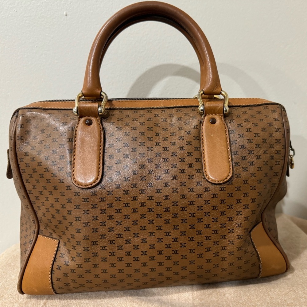 Celine Diffusion Vintage Leather Satchel in Tan Brown color